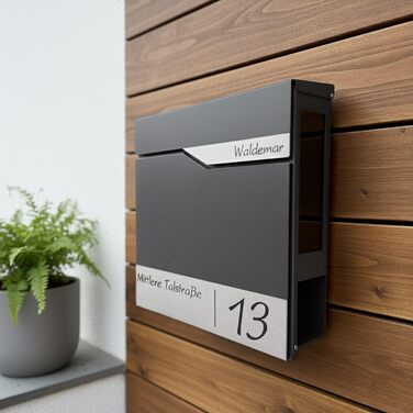 Поштовий ящик Metzler® з газетницею та табличкою з нержавіючої сталі V2A, стійкий до іржі, сучасний дизайн, 10 років гарантії на запчастини, опції монтажу та аксесуари, колір Eisenglimmer Db 703
