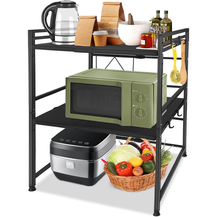 Expandable Microwave Shelf with 8 Hooks, 3-Tier Microwave Stand Freestanding Shelf Microwave Holder Baker's Rack Organizer for Kitchen Countertops, Black