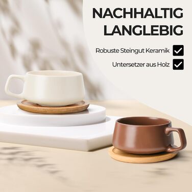 MIAMI - Set of 4 x 320 ml Coffee Cups/Cappuccino Cups with Saucers/Elegant/Modern/Coffee Cups made of Stoneware - Luxe Collection 4-Piece Set (Beige Pastel)
