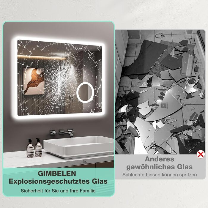 LED дзеркало для ванної кімнати 80x60 см з підсвічуванням, 3 кольори, регулювання яскравості, антизапарник, годинник, 3x збільшення, розетка