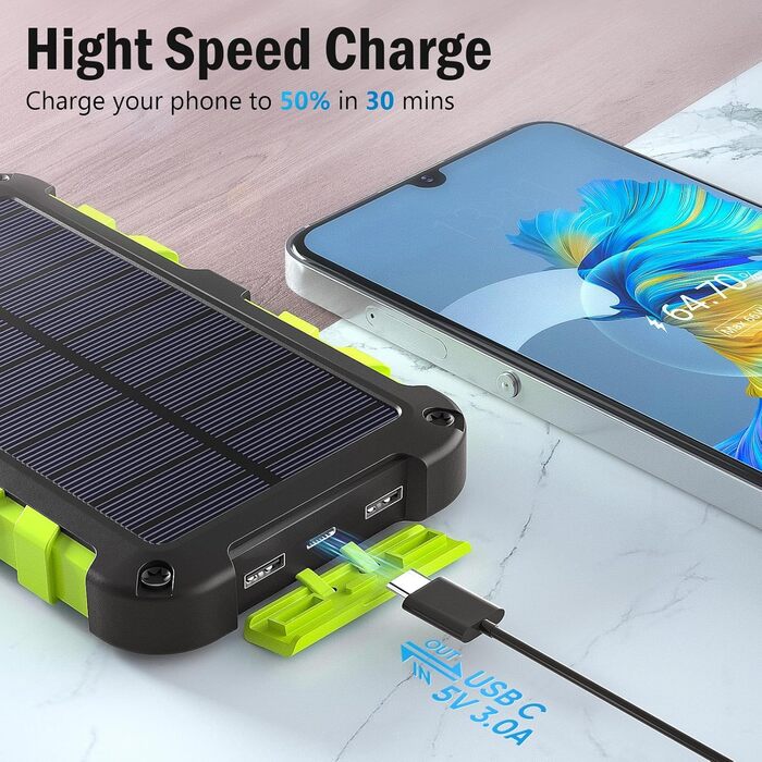 Powerbank сонячний TOENNESEN 26800mAh PD 15W: вологостійкий акумулятор з LED-ліхтариком та 3 виходами USB-C для смартфонів, планшетів, кемпінгу та подорожей (Чорний)