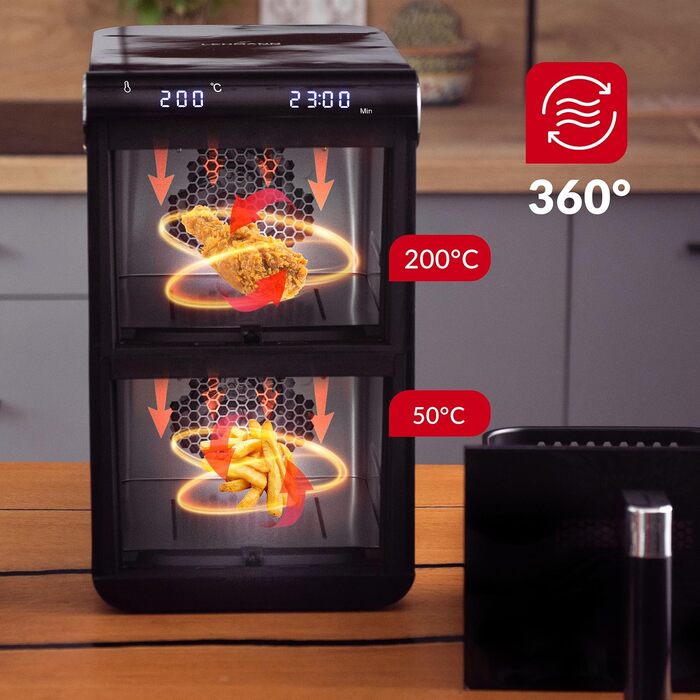 Фритюрниця без олії LEHMANN з 2 камерами, 2400 Вт, AirFryer XXL з 12 програмами, до 200°C, WiFi, 11л – для смаження, випікання, сушіння, грилю