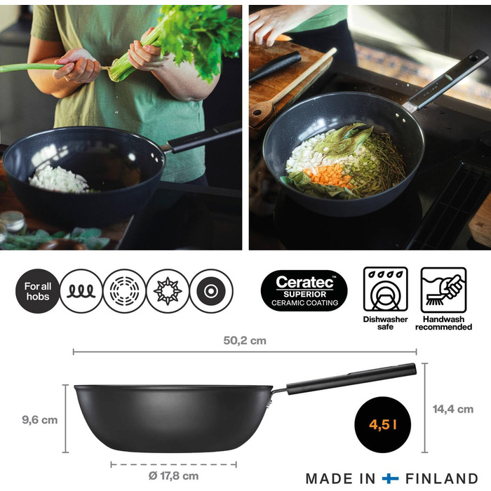 Wok-пательня Fiskars Hard Face 22 см, антипригарна, алюміній, для всіх плит, стійка до подряпин, чорна