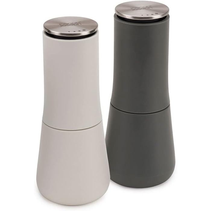 Joseph Joseph Milltop – Leak-Proof Salt and Pepper Grinder Set, Refillable with Ceramic Grinder - White/Gray