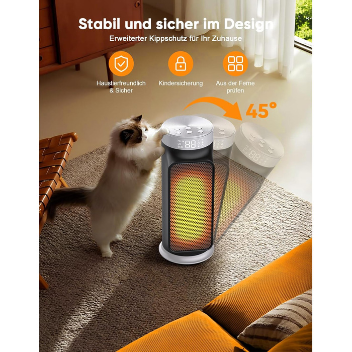 Розумний обігрівач з функцією охолодження, 1800W, WiFi, керування через додаток/Alexa/Google Assistant, для дому, офісу, спальні, чорний