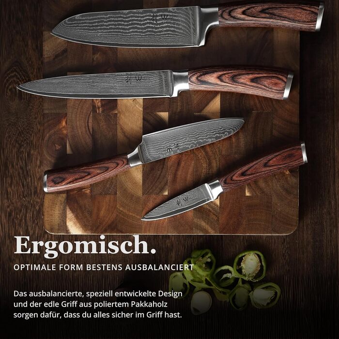 Набір кухонних ножів Wakoli EDIB Damast 4 шт. з 67 шарів дамаської сталі (VG10) з дерев'яною ручкою. Включає: Сантоку, Офісний ніж, Ніж для м'яса. У подарунковій коробці (без гравіювання, без підставки)