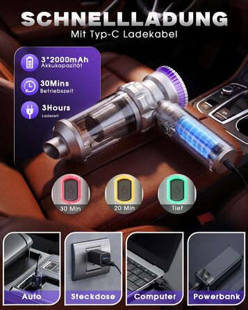 Акумуляторний автомобільний пилосос Handstaubsauger 28000PA безщітковий, 4-в-1, з великим контейнером для сміття, сріблясто-фіолетовий
