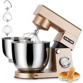 Кухонна машина Cheflee 1500W з місткими чашами з нержавіючої сталі (4.5L, 5.5L) та 10+ швидкостей, набір насадок (міксер, гак для тіста, вінчик, захист від бризок) (Золота)