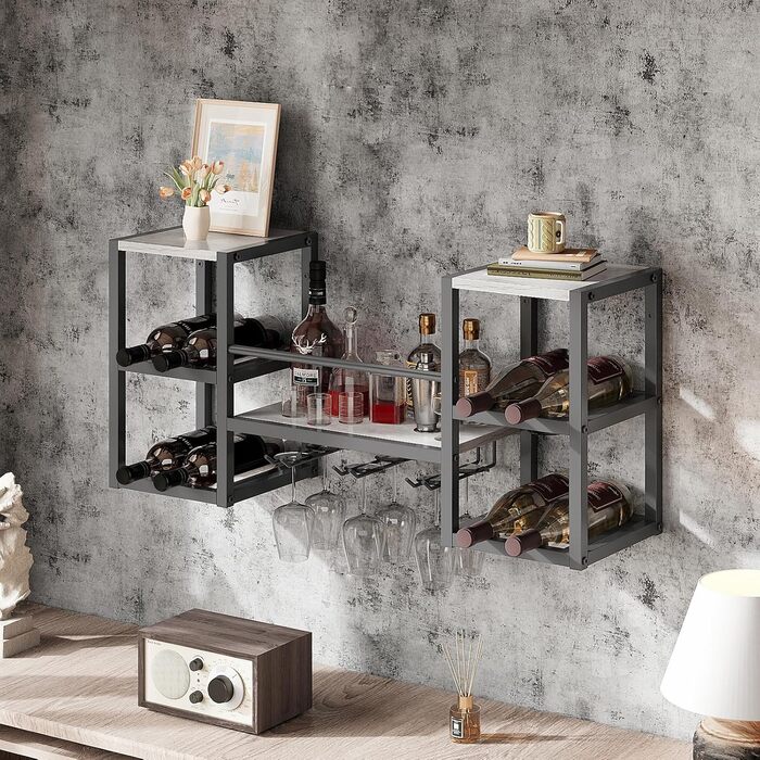 Настінна вітрина для вина VEDECASA на 3 яруси з 6 тримачами для келихів, сіра