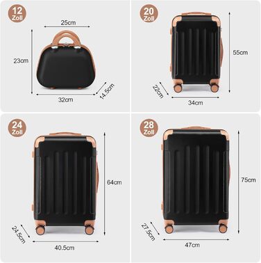 Набір валіз LEADZM 4 шт. з твердим корпусом, ABS, з колесами, великий, набір валіз з твердим корпусом, валізи та ролери з косметичкою (Чорно-коричневий)