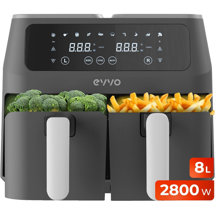 Фритюрниця EVVO без олії, 6 л, 1700 Вт, антипригарне покриття, Dual-Cyclon технологія, багатофункціональна, для випікання, дегідратації, розморожування, до 200°C, автоматичне вимкнення, білий колір