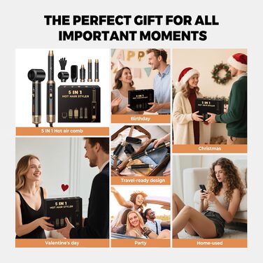 OKWRAP Haarstyler 5-в-1: Airbrush з LCD, Набір для укладки волосся, Фен з насадками, Випрямляч, Локони, Чорний