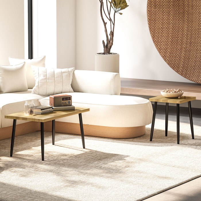 HOMCOM Set of 2 Side Tables with Steel Frame, Living Room Table Coffee Table for Living Room Bedroom Natural | Aosom