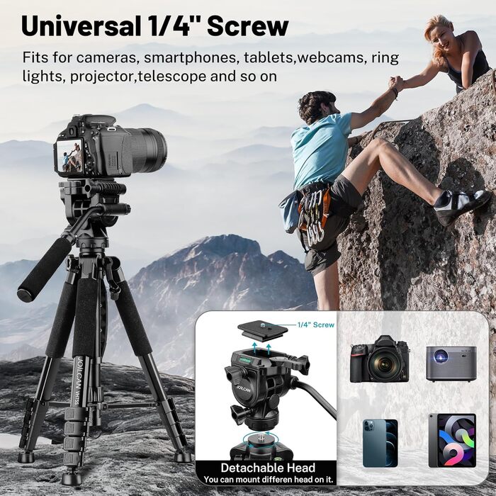Штатив-трипод JOILCAN 190см для DSLR камер, смартфонів та планшетів, легкий алюмінієвий фотоштатив з сумкою для перенесення, вантажопідйомність 5.4 кг