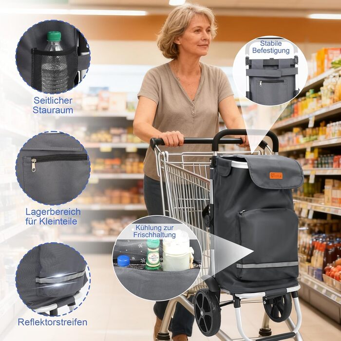 Складаний візок для покупок Sekey 60L з алюмінію, 3-в-1, з кулерним та відділенням для напоїв, для покупок та кемпінгу (сірий)