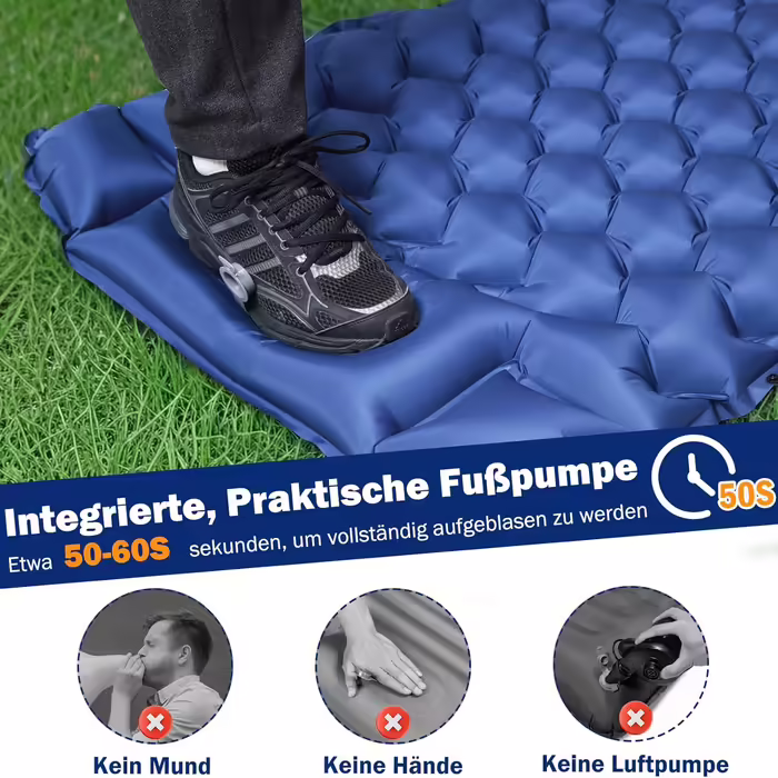 Isomatte Self-Inflating, Ultralight Inflatable Air Mattress, Camping Mattress with Foot Press Pump, Anti-Ripstop Portable Sleeping Pad Outdoor with Pillow for Hiking, Beach, Travel - Army Green (Single, Classic Blue)