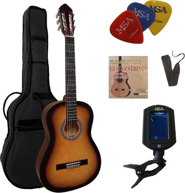 Концертна гітара в комплекті: класична гітара SUNBURST з липовою декою, чохол, ремінь, струни, 3 медіатори, тюнер ET33B, C25