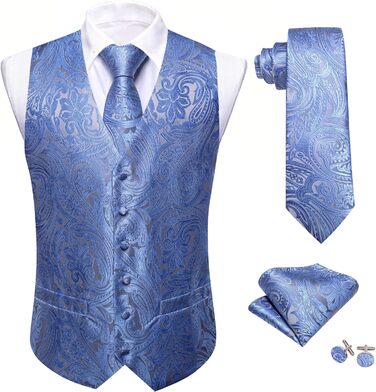 Костюмний жилет Barry.Wang чоловічий, 5-ти частинний комплект з краваткою та нагрудником, блакитний з чорним квітковим візерунком, Jacquard, шовк, 3XL