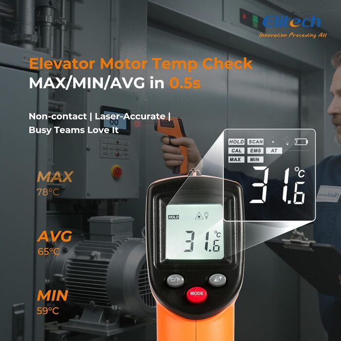 Інфрачервоний термометр Elitech -50~530℃: швидке вимірювання, лазерна ціль, для промисловості, будівництва та дому