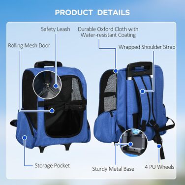PawHut Рюкзак-переноска для собак і котів 2-в-1 з кишенями, телескопічною ручкою та колесами, 42 x 25 x 25 x 55 см, блакитний
