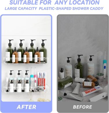 Полиця для душу без свердління, 6 шт. Настінна полиця для ванної кімнати з тримачем для фену та гачками, полиця для душу з нержавіючої сталі, органайзер для ванної кімнати та кухні сірого кольору (2-прозорий)