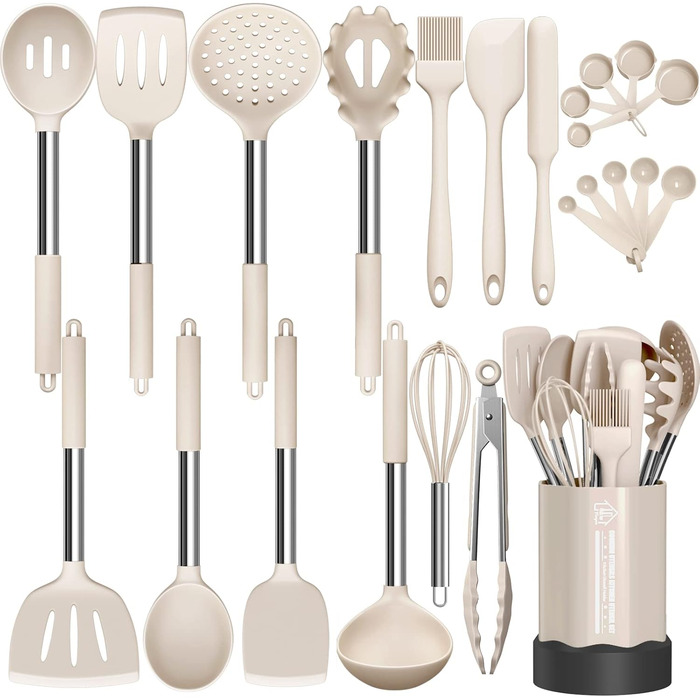 Silicone Cooking Utensil Set, Mushroom, Non-Stick Coated, Kitchen Gadgets, 24-Piece Cooking Utensil Set, Heat-Resistant Cookware, Silicone Kitchen Tools with Stainless Steel Handle (Khaki-24-Piece)