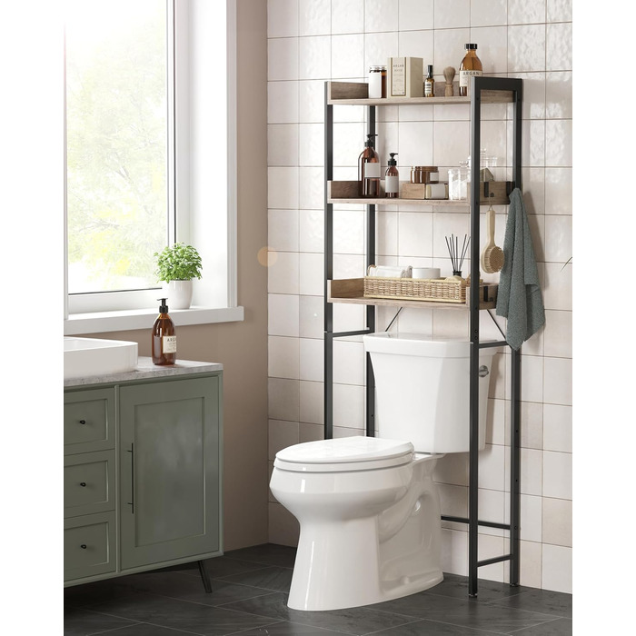 VASAGLE Toilet Shelf, 3 Tiers, Bathroom Shelf, Space-Saving, Easy to Assemble, for Laundry Room, Industrial Style, Rustic Brown and Black, BTS002B01 (Grey + Black)