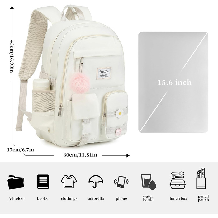 Шкільний рюкзак YAMTION для підлітків, 15.6 дюймів, для ноутбука, середньої школи, коледжу, стильний (Бежевий)