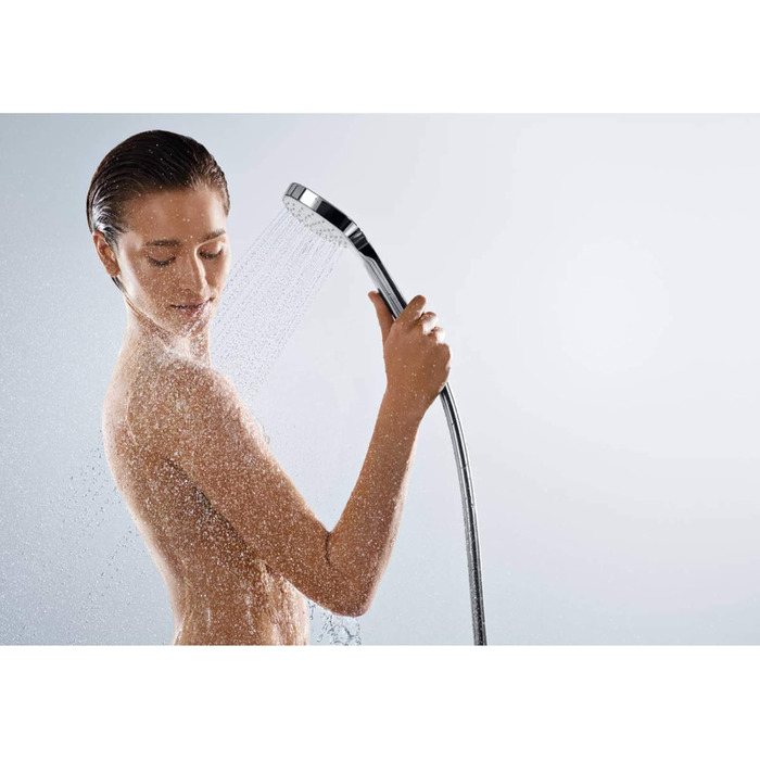 Hansgrohe Croma Select E Showerhead, Shower Spray, Water-Saving, 3 Spray Patterns, Anti-Limescale Function, White/Chrome