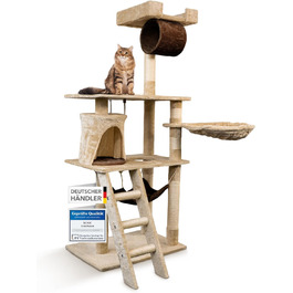 Кігтеточка Foxdevil для котів Xonic® - багатофункціональна кігтеточка з оглядовою платформою, гамаком, затишною печерою, іграшковою шнуркою, сходами – 141 см – (Бежевий/Коричневий V1)