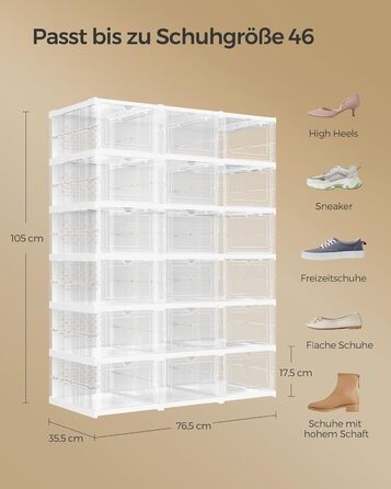 SONGMICS Shoe Cabinet 3-Piece Set, with 18 Shoe Boxes, Integrated Shoe Organizer, Foldable, Portable, for Shoe Sizes up to 46, 1-Minute Assembly, Transparent-Cloud White LSP207W01