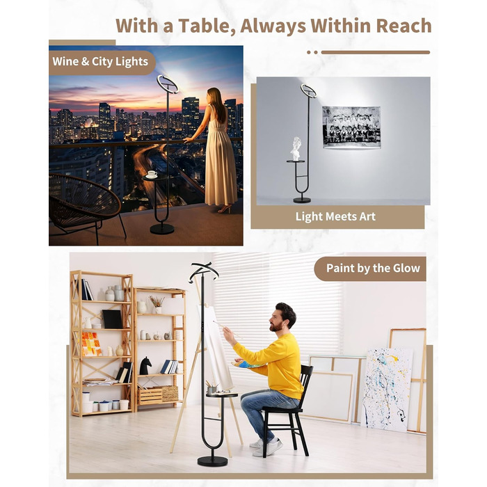 Підлогова лампа LuminexDesigns з регулюванням яскравості, 36W+7W LED, 3200LM+600LM, 2700K-6500K, чорна. Сучасна підлогова лампа для вітальні з пульт дистанційного керування