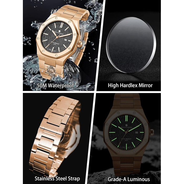 Годинник чоловічий SAPPHERO 30M водостійкий, з нержавіючої сталі, з кутом, кварцовий, з японським механізмом, бізнес-casual, з датою (золото-чорний)