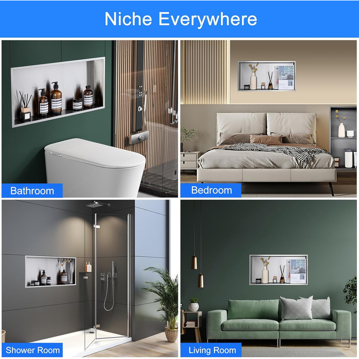 KINKIBOS Wall Niche Shower Stainless Steel, No Tiles Required, Recessed Shower Niche 60 x 30 x 10 cm, Shower Niche Single Shelf Storage
