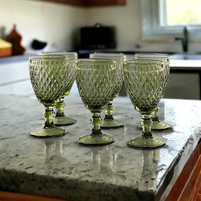 Vintage Set of 6 Colored Glasses and Tumblers with Diamond Pattern (Netz Green Wine Glass), Long Drink Glasses, Cocktail Glasses with Embossing, Glass, Tumbler, Wine Glass, Water Glass, Goblets