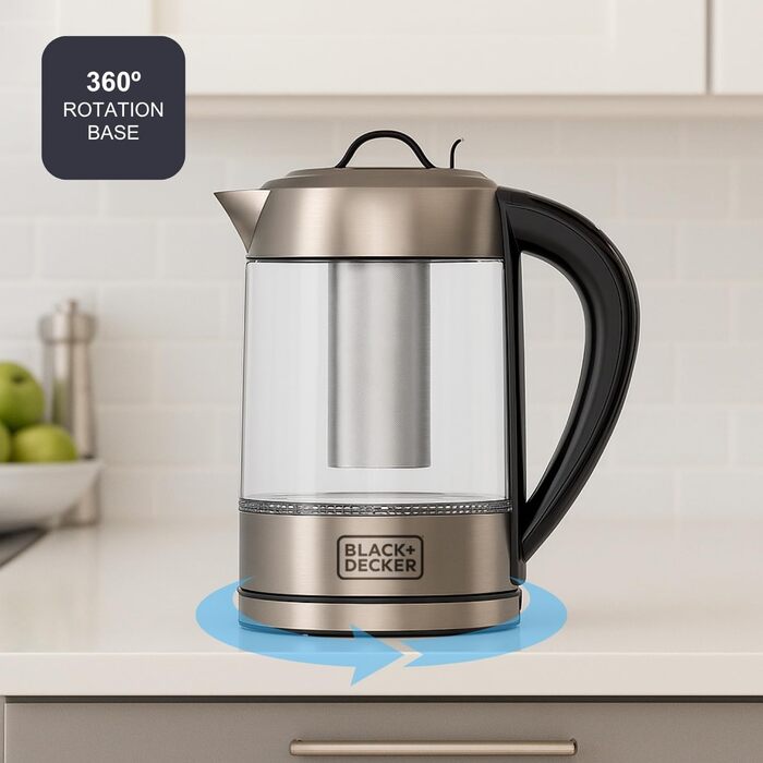 Електричний чайник BLACK+DECKER BXKE2202E, 1.2L, 2200W, 360° обертання, для лівшів, з автовимкненням, скляний