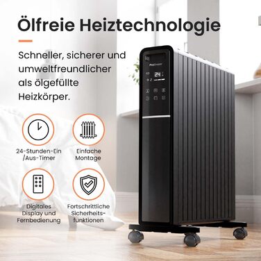 Електричний радіатор Pro Breeze 2000W з таймером, пультом дистанційного керування та термостатом | Економія енергії, 3 режими нагріву, без оливи, чорний