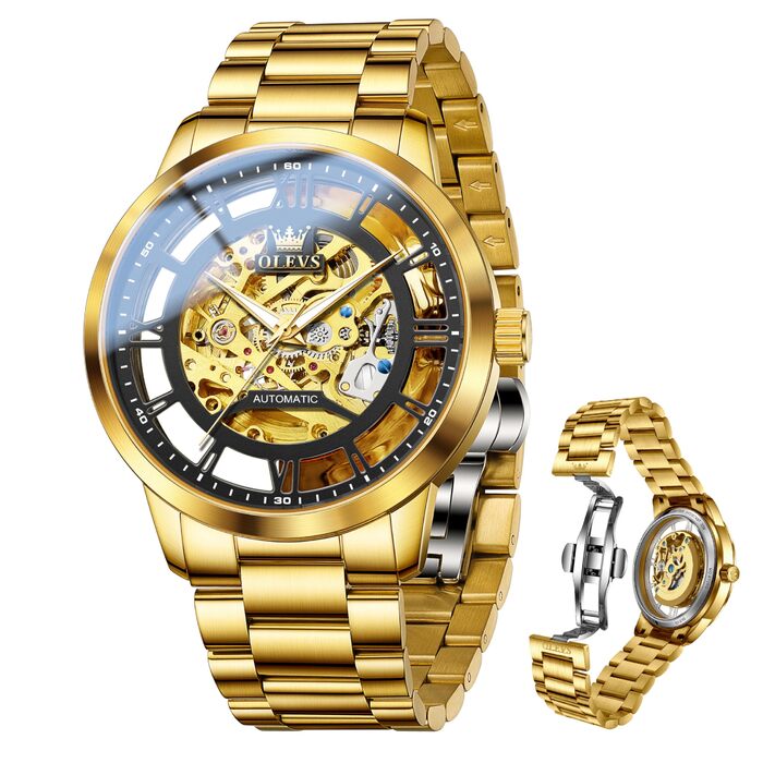 Чоловічий годинник OLEVS Tourbillon автоматичний механічний, люксовий класичний годинник зі сталевим ремінцем, водонепроникний, підсвічування (Золотий ремінець, чорний циферблат)