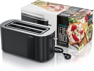 Тостер Arendo з нержавіючої сталі, 4-х секційний, з широкими слотами, сенсорний дисплей, подвійні стінки, 1500 Вт, з підставою для булочок, 6 рівнів підсмажування, центрування хліба, таймер, пам'ять (колір: чорний)