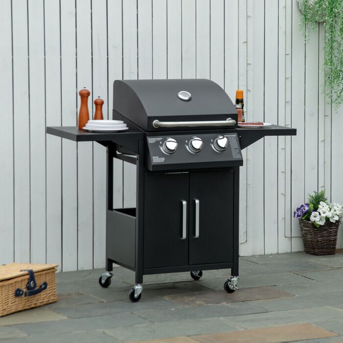 Газовий гриль Outsunny BBQ з 3 пальниками, 3 кВт, мобільний гриль-візок на колесах, сітчаста решітка для гриля, бічні столики, редуктор, шланги, 121 x 55 x 109 см | Aosom