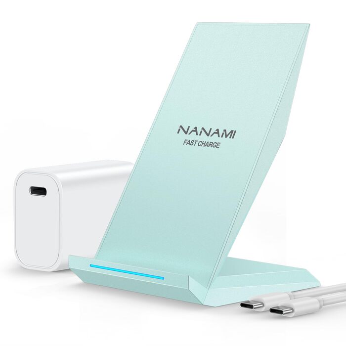 Бездротовий зарядний пристрій NANAMI Qi з адаптером USB-C 20W PD (блакитний) для iPhone 17/16/15/14/13/12 Pro Max XR 8 та Samsung Galaxy S25/S24/S23/S22