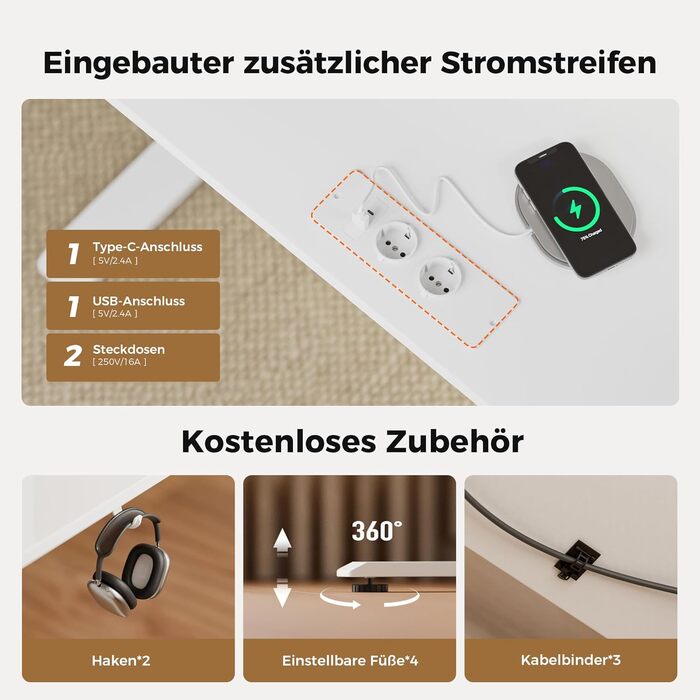 Електричний регульований стіл Agilestic 140x60 см з LED-підсвіткою, USB-портом та мобільним тримачем монітора, білий