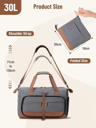Спортивна сумка Lekesky 30L сірого кольору: туристична, для подорожей, з відділенням для взуття, валіза ручної поклажі Easyjet, водонепроникна