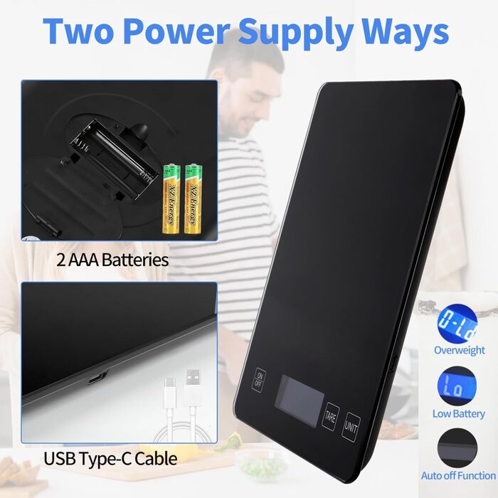 Кухонні ваги HOWEIFULL Digital 15 кг з USB зарядкою, нержавіюча сталь, точність 1 г, для продуктів (Чорний)