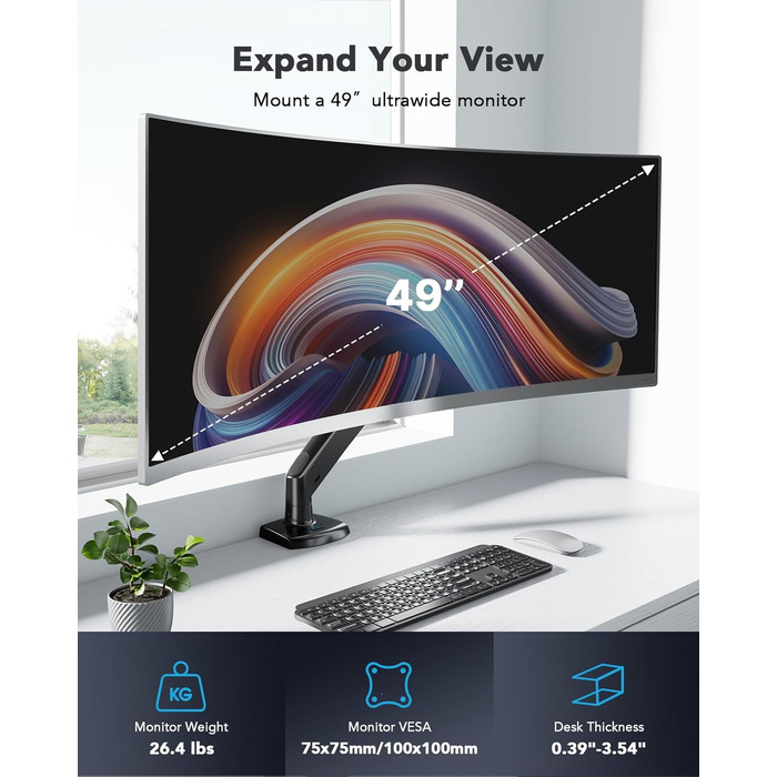 Кріплення для монітора HUANUO, 49 дюймів, ультраширокий, до 12 кг, з USB, VESA 75x75/100x100 мм, чорний