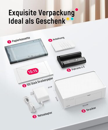 Портативний фотодрук для смартфонів Liene (10x15 см) + 2 пачки фотопаперу (20+80 аркушів), WiFi, сумісний з iPhone/Android/PC, 300 DPI, кольорова сублімація, білий