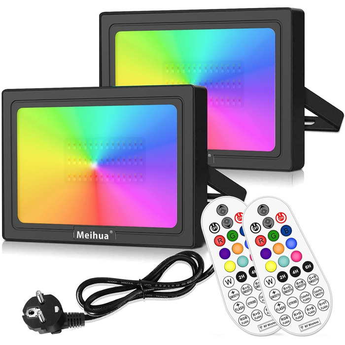 MEIHUA 60W RGB LED Spotlights 2 Pack with Remote Control, IP66 Waterproof Floodlight Outdoor 10 Colors 12 Modes Color Changing Dimmable Floodlight Indoor Outdoor with Timer and Memory Function for Garden Tree Landscape