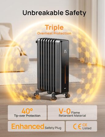 Dreo Oil Radiator, Energy-Saving, 2000W Electric Heater with 9 Fins, 3 Heat Settings, 4 Modes, 24h Timer, Overheat and Tip-Over Protection, Quiet Electric Radiator Heater with Thermostat, OH521