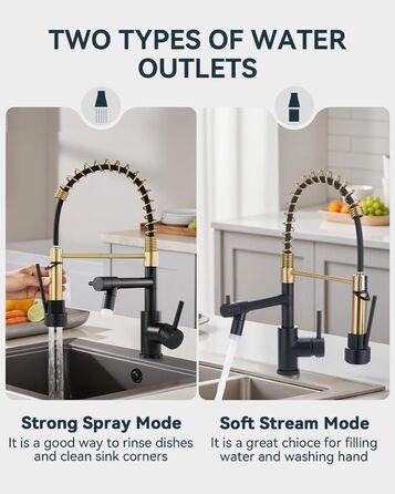 Кран кухонний LED Warmiehomy професійний, 360° поворотний, з двома виливами, високий вигин, спіральна пружина, для мийки, брашований нікель (чорний та золотий)