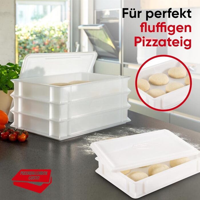 3x Pizza Ball Box, Flavor + 1 Lid, 40x30x7 cm | Proofing Box, Dough Container for Pizza Dough. Dough Box for 6 Pizza Balls, Pizza Dough Container (3x Gusto Box + 1x Lid)